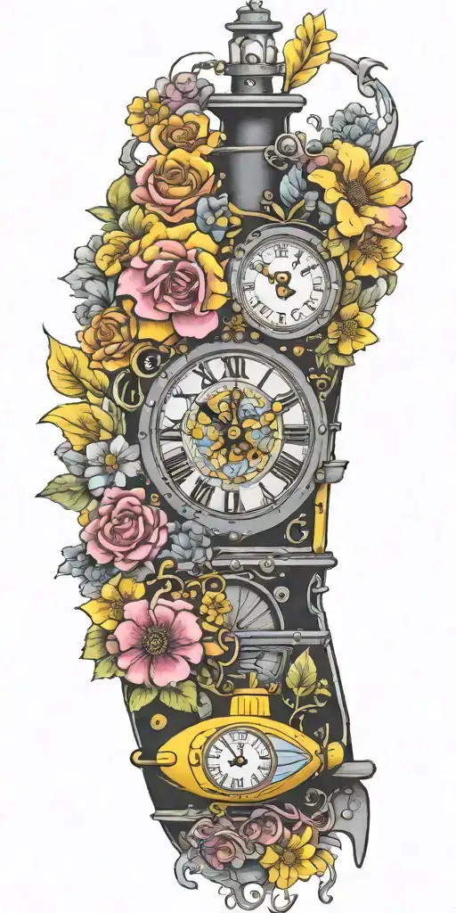 Yellow Submarine With Colorful Flowers And Clock And Rainbow