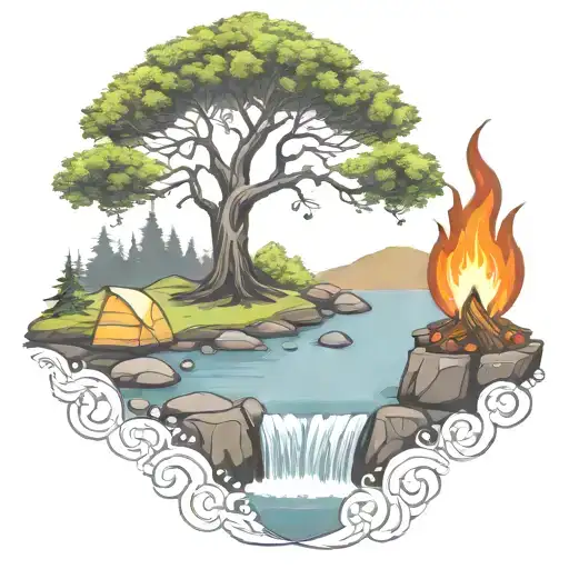 A Rowan Berry Tree And A Campfire Beside A River Waterfalling Down The Front