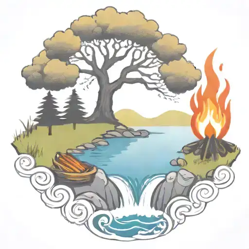 A Rowan Berry Tree And A Campfire Beside A River Waterfalling Down The Front