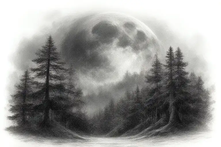Massive Forest Landscape With Huge Moon In The Background