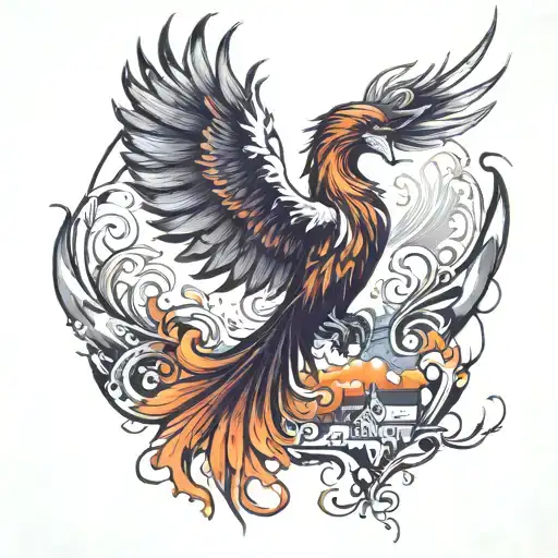 Beautiful Phoenix Flying Over A Town Of People