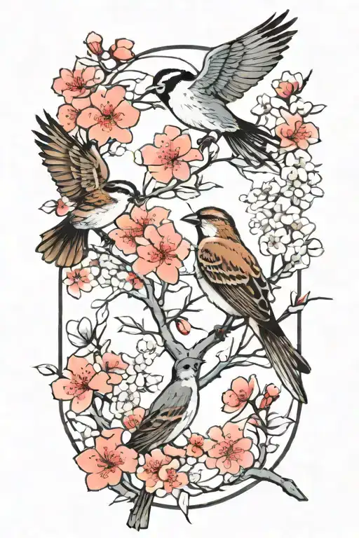 Flying Sparrows With Cherry Blossom Tree
