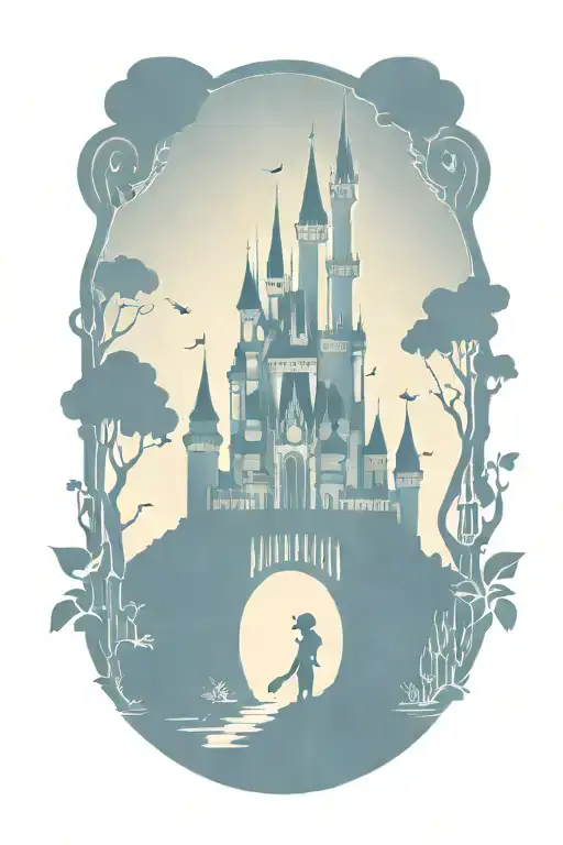 Disney Characters Surrounding The Castle Silhouette