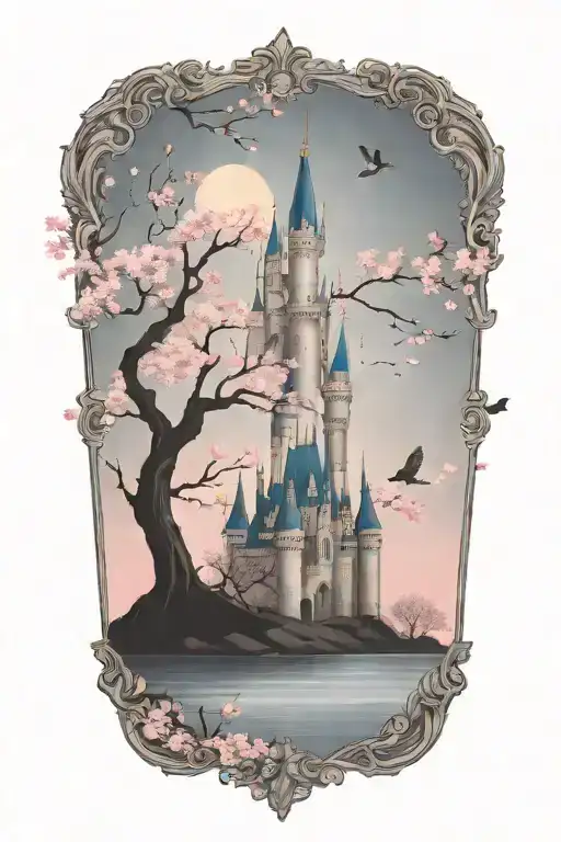 Disney Castle Silhouette With Flying Sparrows And Cherry Blossom Tree No Frame