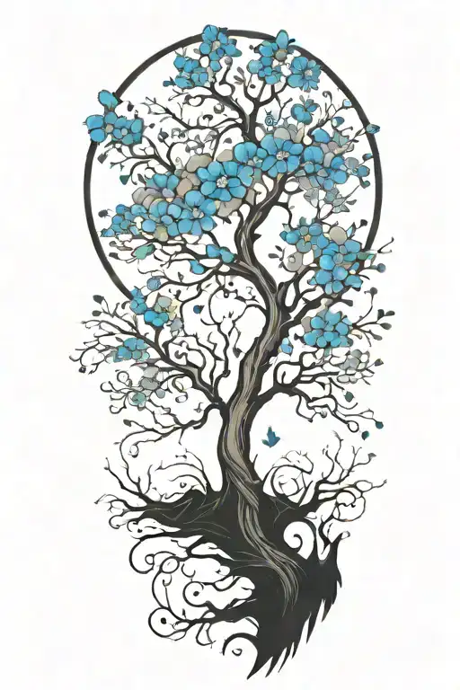 A Tree With Blue Flowers On One Side And Barren On The Other Side