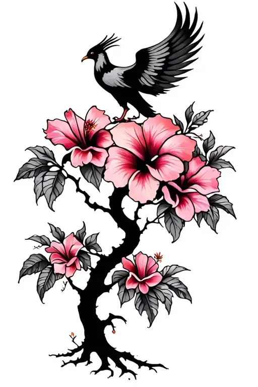 Psychedelic Hibiscus Tree And Small Phoenix Silhoette