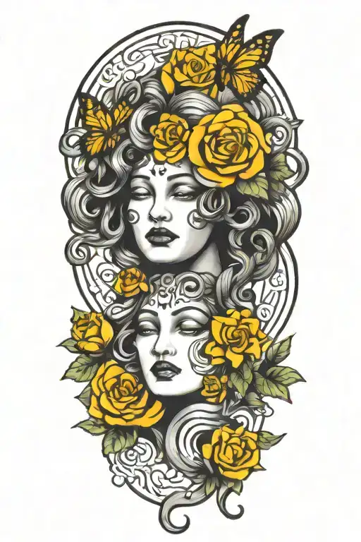 Traditional Style Tattoo Of Medusa's Head With Roses And Butterflies Framing Her