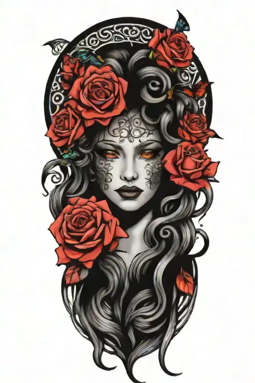 Medusa's Head With Roses And Butterflies Framing Her