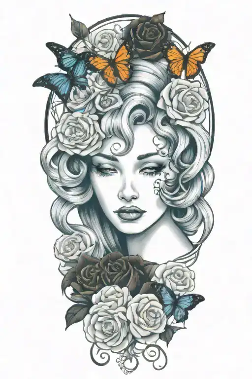 Medusa's Head With Roses And Butterflies Framing Her