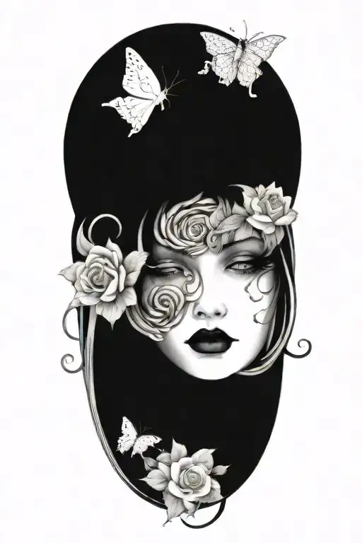 Medusa's Head With Roses And Butterflies Framing Her