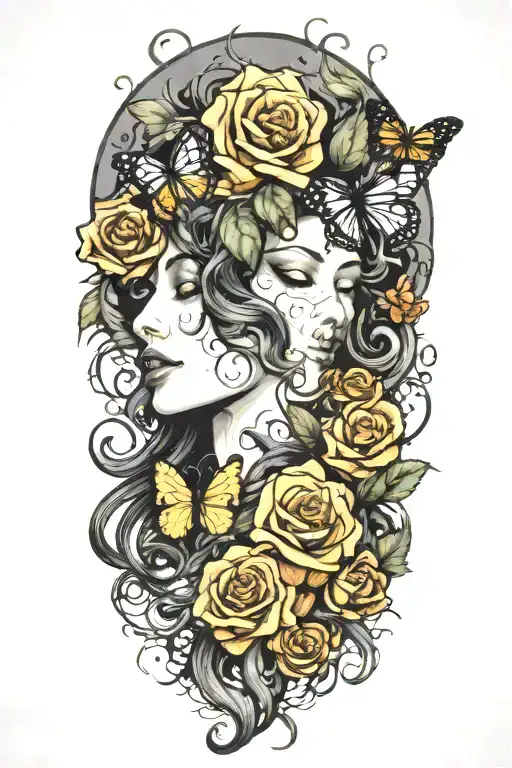 Medusa's Head With Roses And Butterflies Framing Her