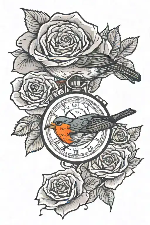 Robin Holding A Rose With A Stopwatch
