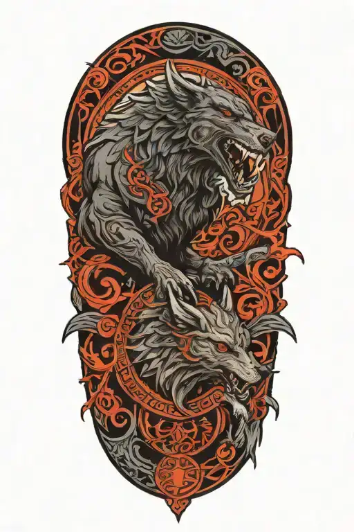 Fenrir Viking Norse Wolf Fighting Ravens Huginn And Muninn