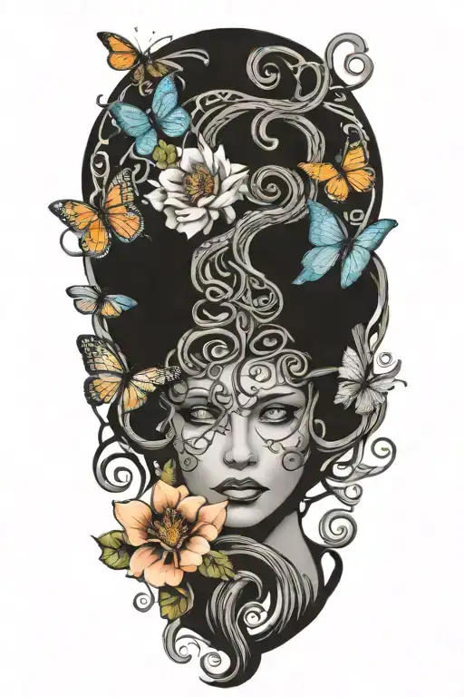 Medusa With Hair Of Snakes With Flowers Surrounding Her And Butterflies