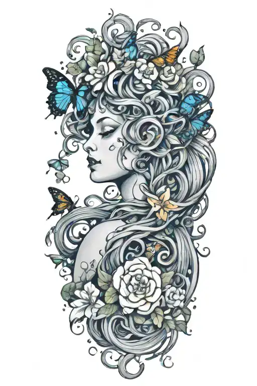 Medusa With Flowers Surrounding Her And Butterflies