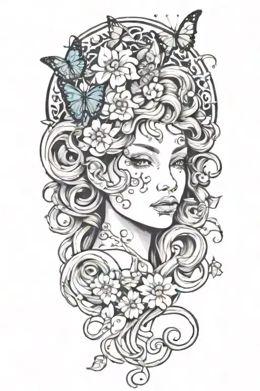 Medusa Head With Flowers Surrounding Her And Butterflies