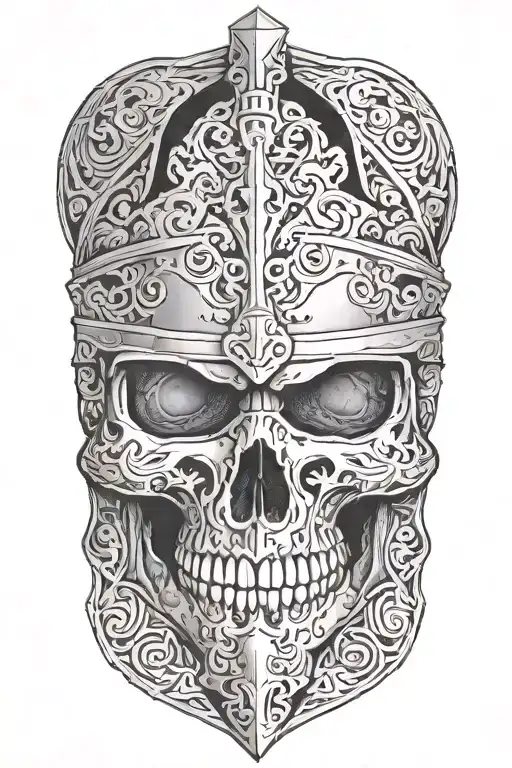 A Knight's Skull In A Helmet Adorned With Engravings