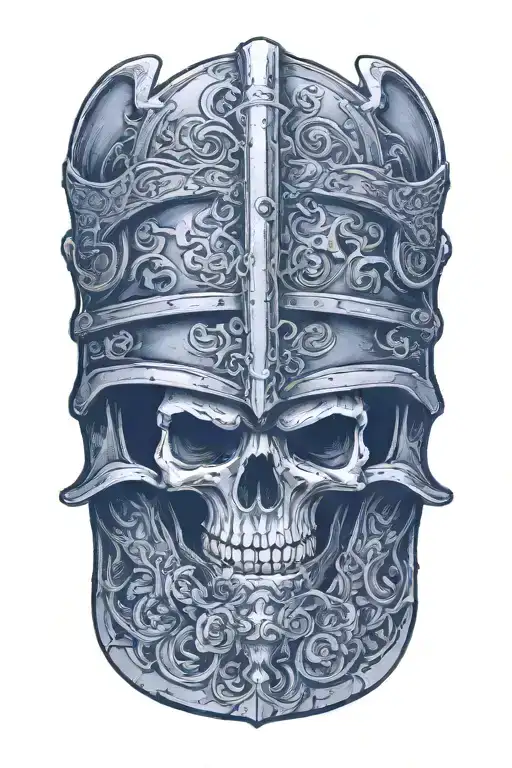 A Knight's Skull In A Helmet Adorned With Engravings