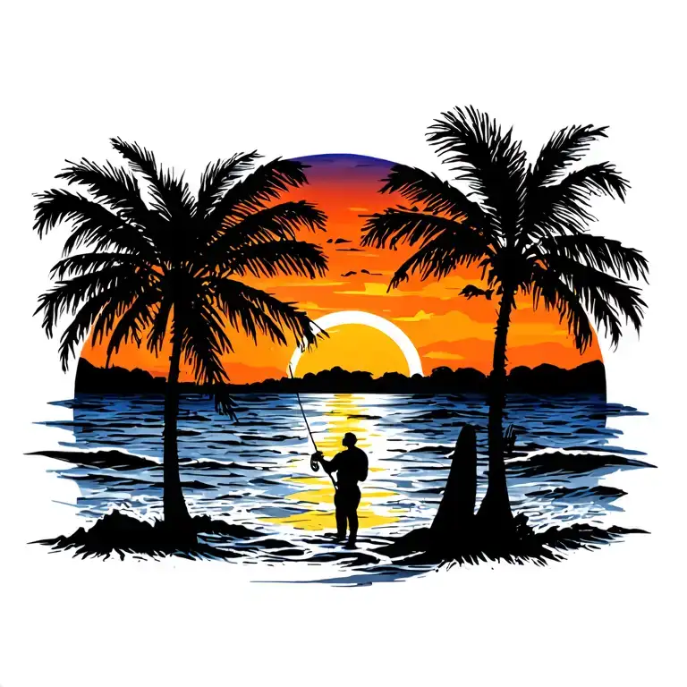 Sunset Beach With A Silhouette Of A Man Fishing In The Distance