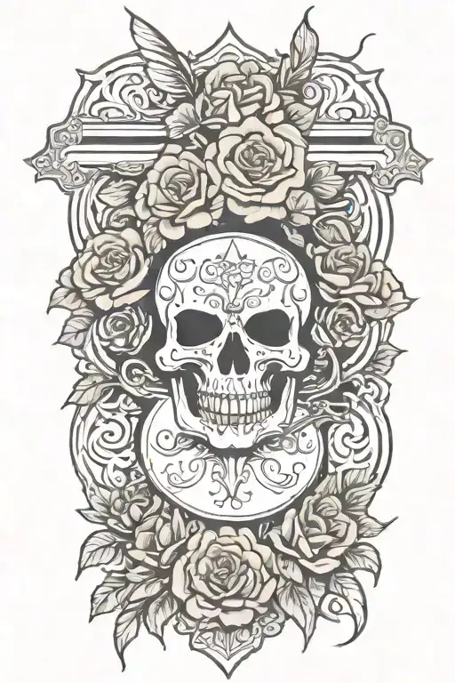 Skulls Intertwined With Roses And Flowers With A Single Gibson Guitar