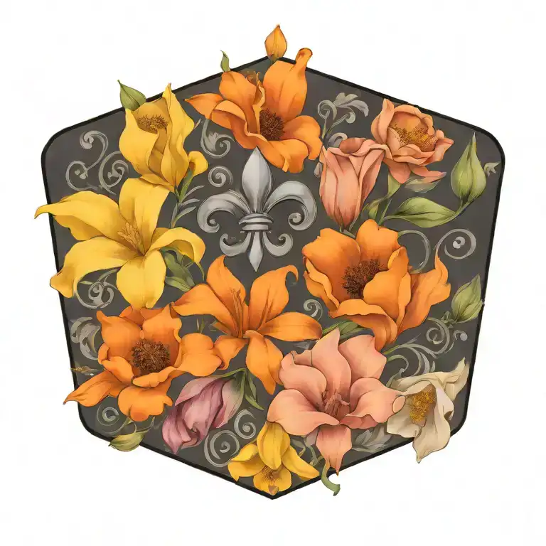 Fleur De Lis Focal Point Surrounded By Magnolias And Poppies