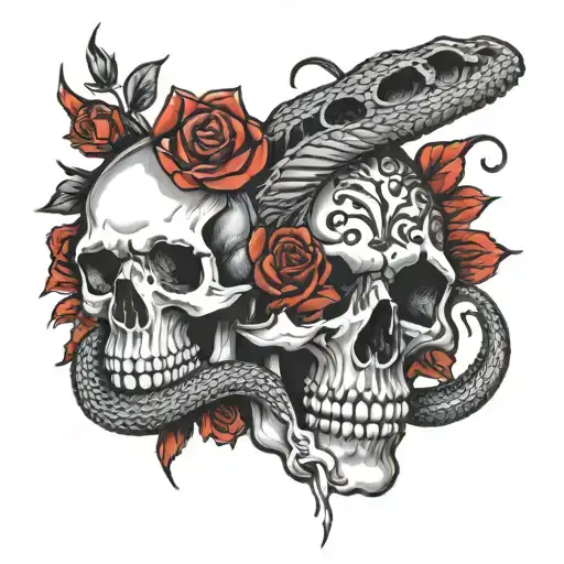 Snake Around A Skull With Red Roses Growing