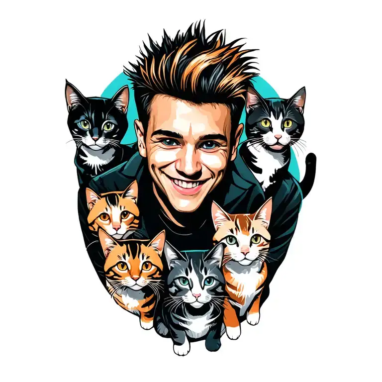 Happy Punk Rock Young Man With Gang Of Cats