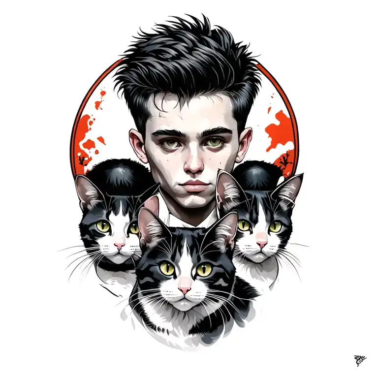 Peaceful Punk Rock Young Man With Gang Of Cats