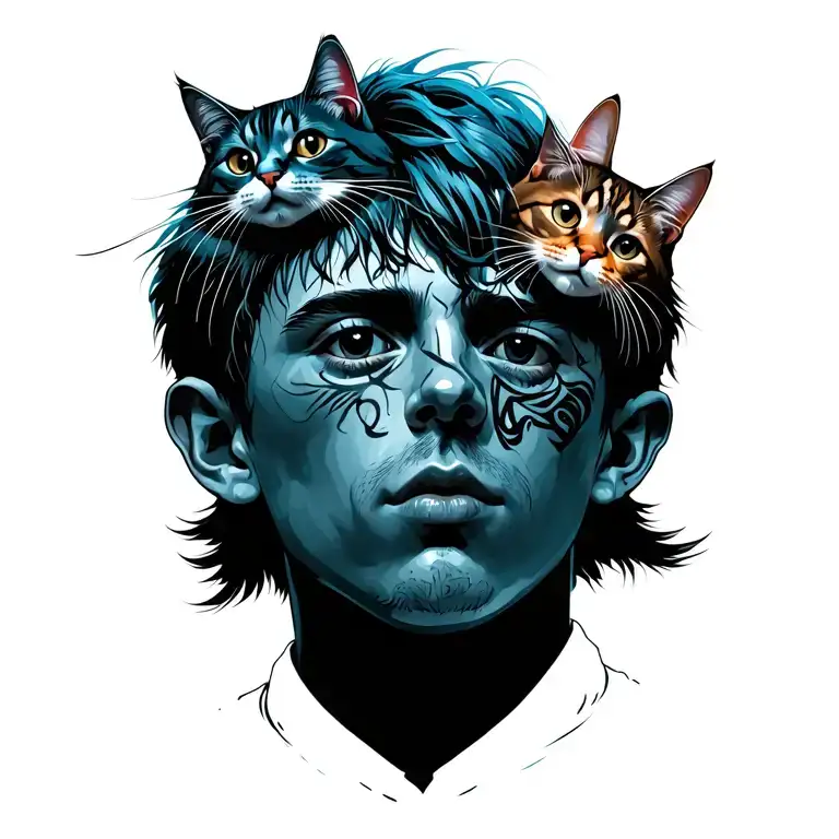 Peaceful Punk Rock Young Man With Gang Of Cats