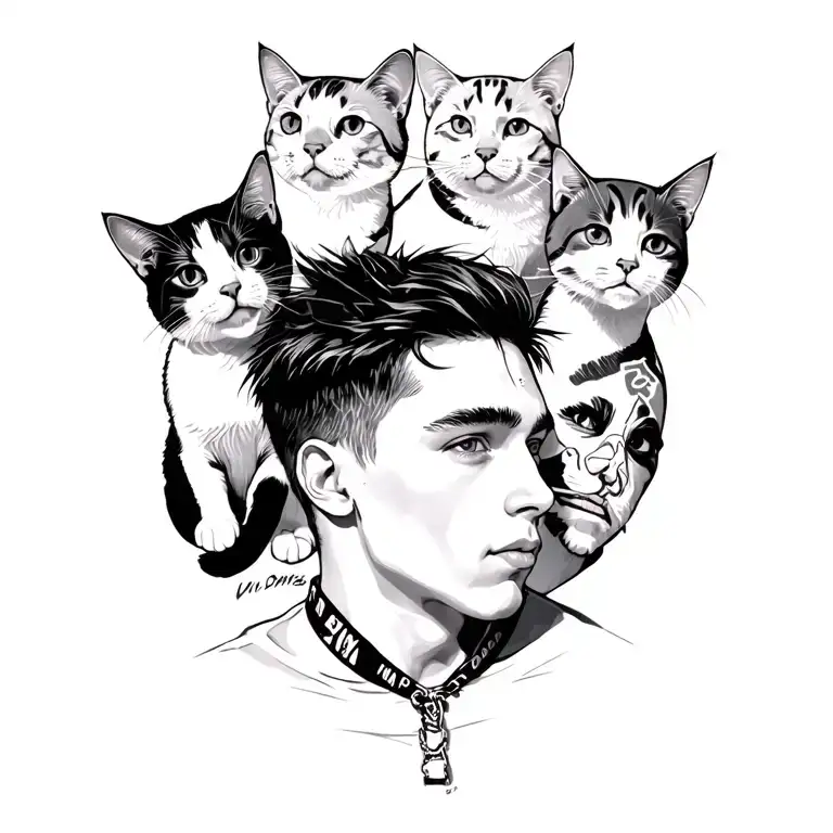 Peaceful Punk Rock Young Man With Gang Of Cats