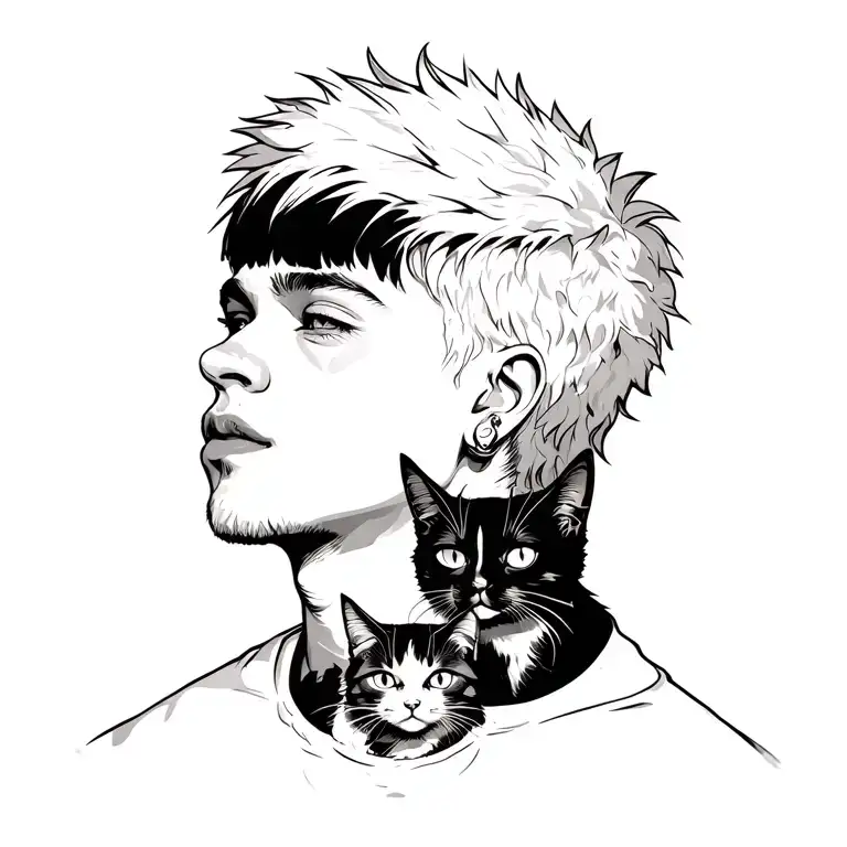 Peaceful Punk Rock Young Man With Gang Of Cats