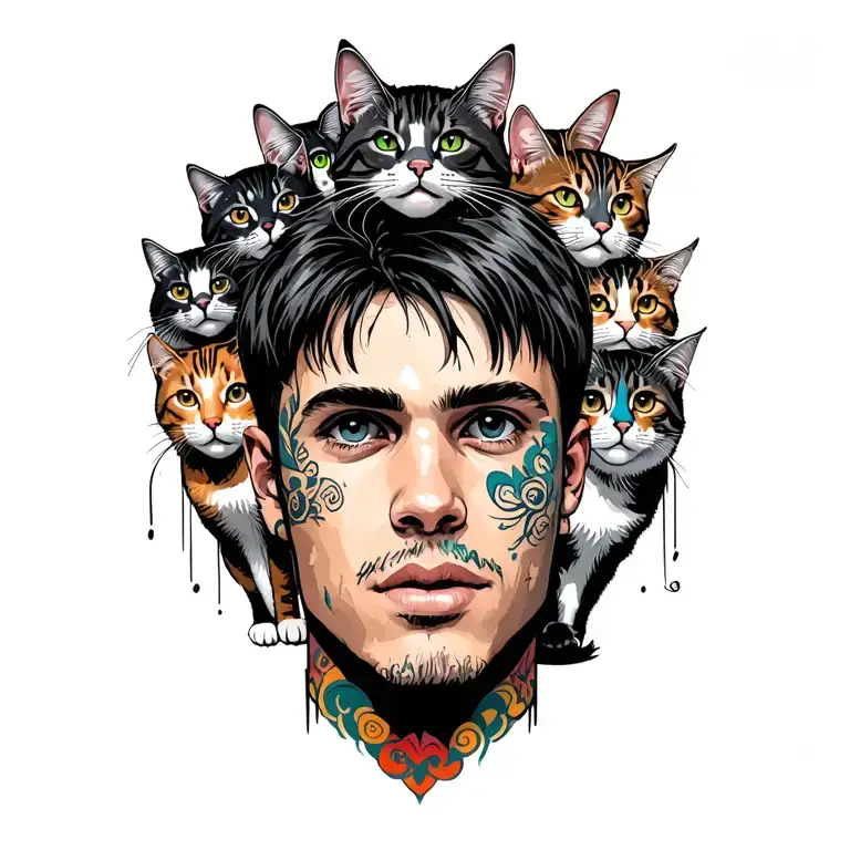 Peaceful Punk Rock Young Man With Gang Of Cats