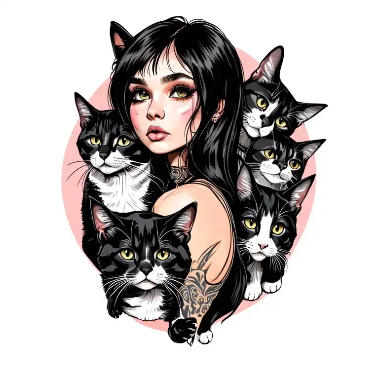 Peaceful Punk Rock Girl With Gang Of Cats