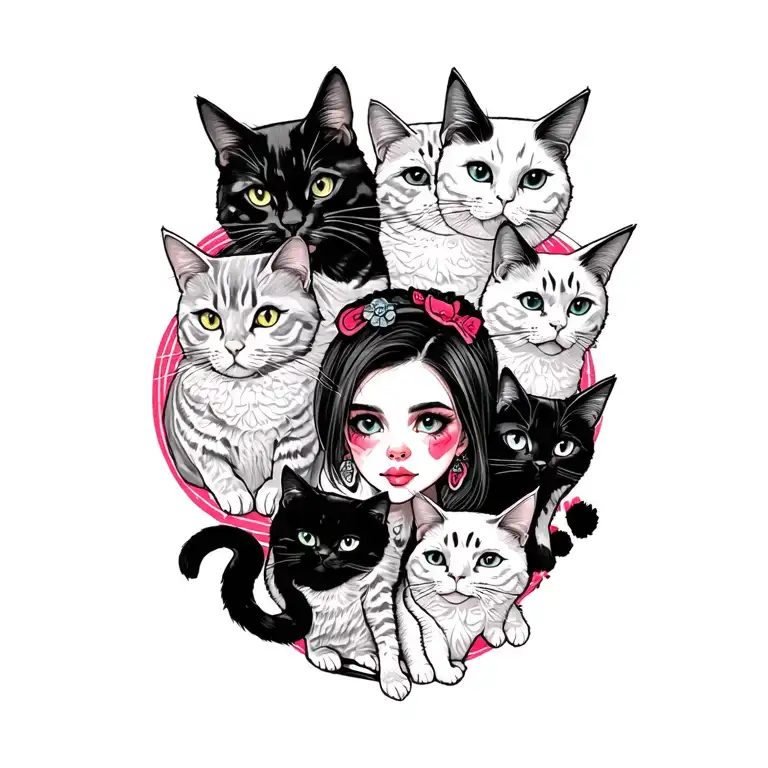 Peaceful Punk Rock Girl With Gang Of Cats
