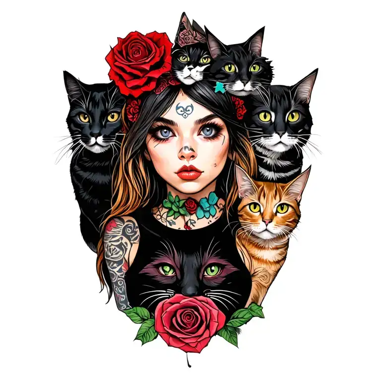 Peaceful Badas Punk Rock Girl With Gang Of Cats