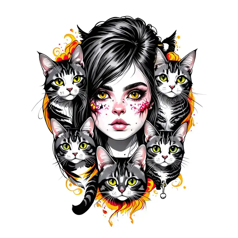 Peaceful Badas Punk Rock Girl With Gang Of Cats