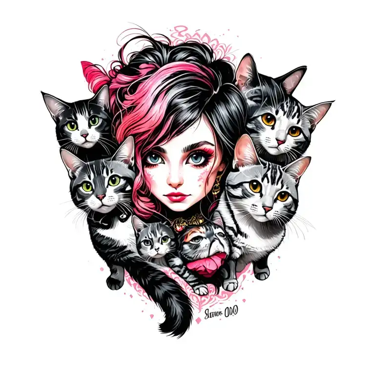 Peaceful Badas Punk Rock Girl With Gang Of Cats