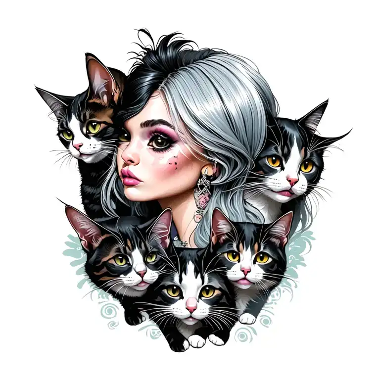 Peaceful Badas Punk Rock Girl Silver Hair With Gang Of Cats