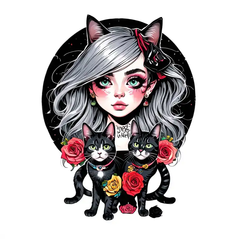 Peaceful Badas Punk Rock Girl Silver Hair With Gang Of Cats