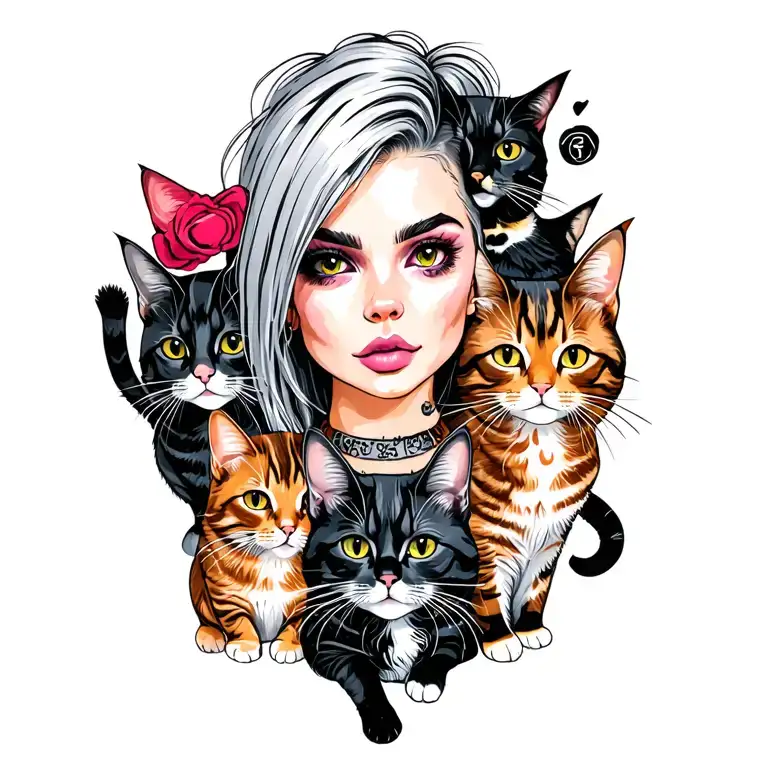 Peaceful Badas Punk Rock Girl Silver Hair With Gang Of Cats