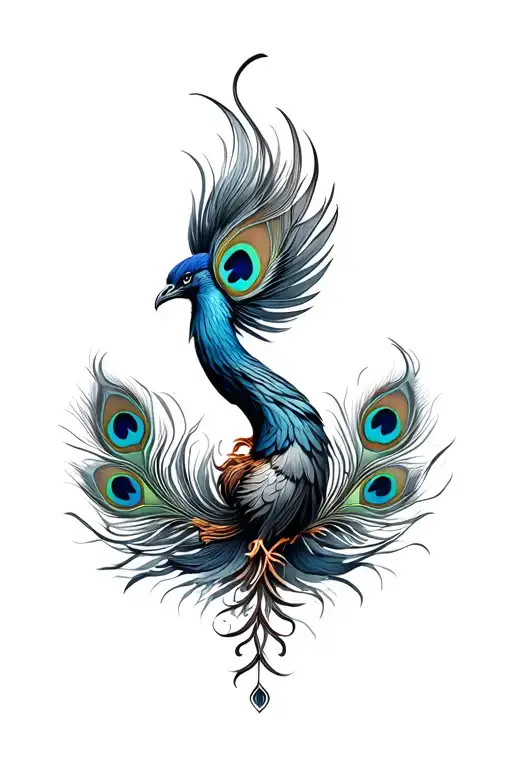 Frontal View Of A Majestic Rising From The Ashes Phoenix With Lpeacock Feathers