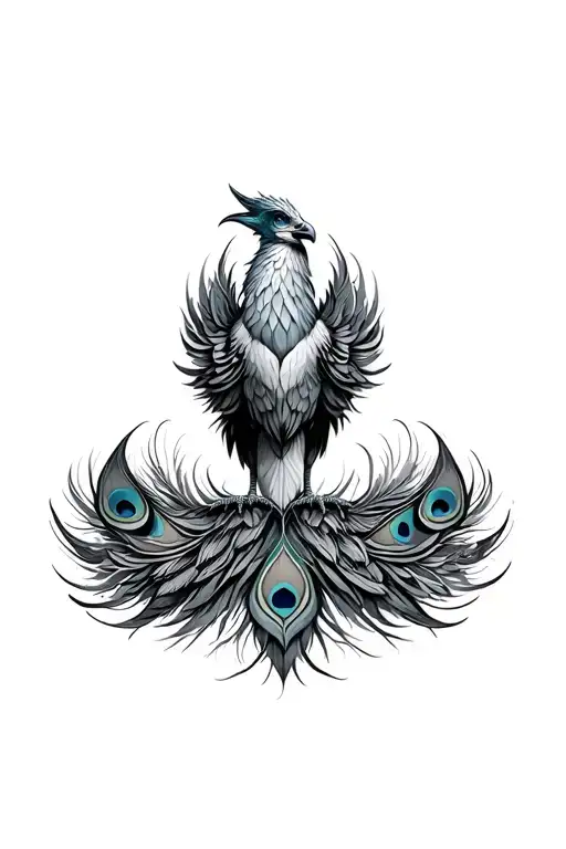 Frontal View Of A Majestic Rising From The Ashes Phoenix With Peacock Feathers