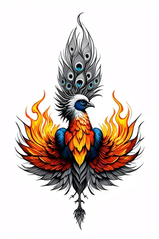 Frontal View Of A Majestic Rising From The Ashes Phoenix With Peacock Feathers