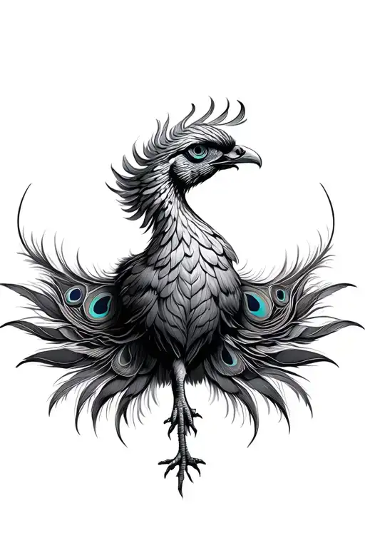 Frontal View Of A Majestic Rising Phoenix With Peacock Feathers