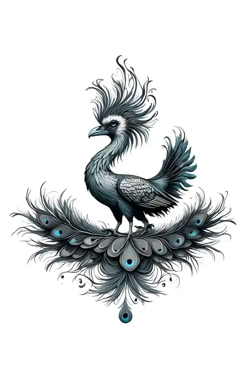 Frontal View Of A Rising Luxurious Phoenix With Peacock Feathers