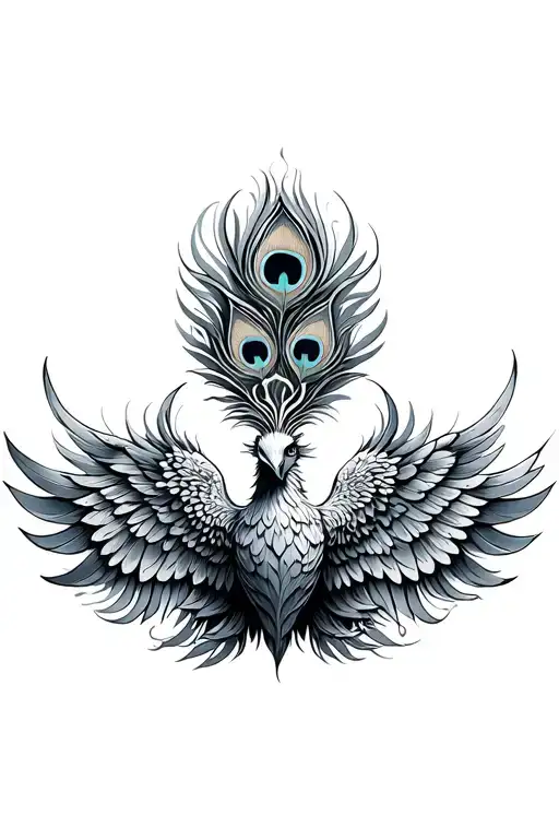 A Rising Luxurious Front View Phoenix With Two Wings With Peacock Feathers