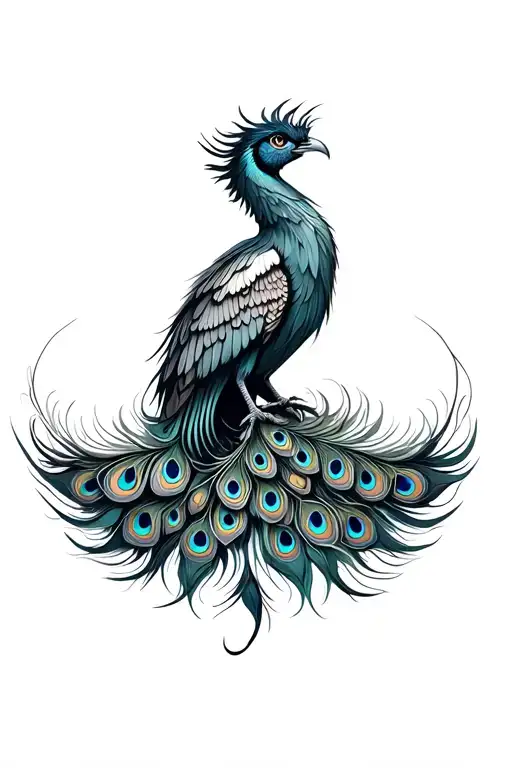 Luxurious Front View Phoenix With Two Luxurious Wings And Long Luxurious Peacock Feather Tail