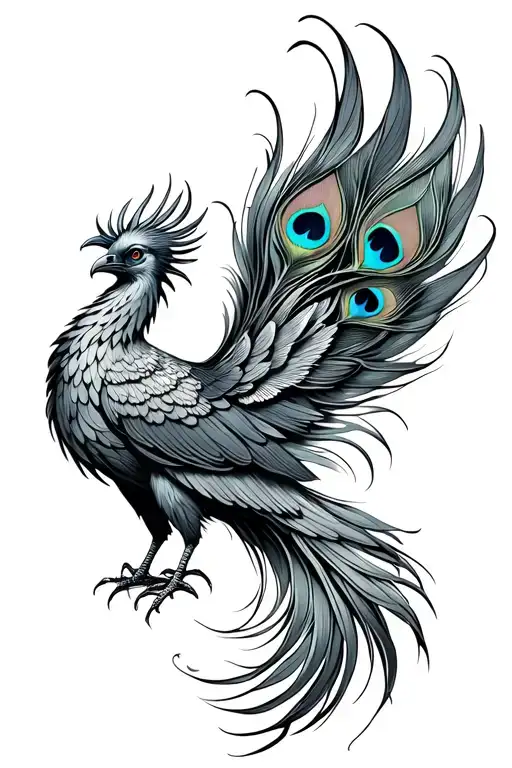 Front View Phoenix Bird With Twowings Spread Peacock Feather Tail