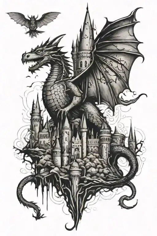 Hogwarts Castle And A Dragon Flying