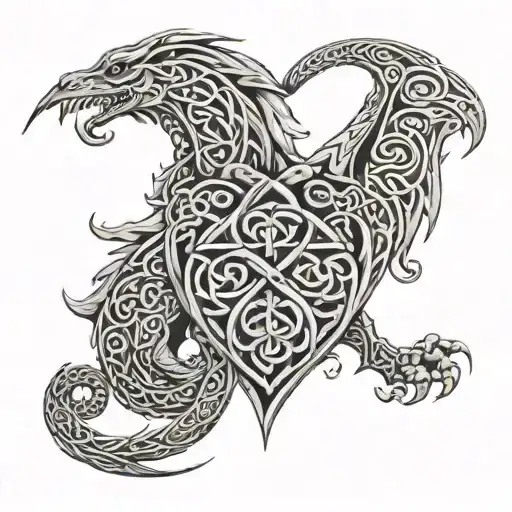 A Celtic Dragon Facing A Celtic Wolf Where Their Bodies Arch Out In The Form Of A Heart